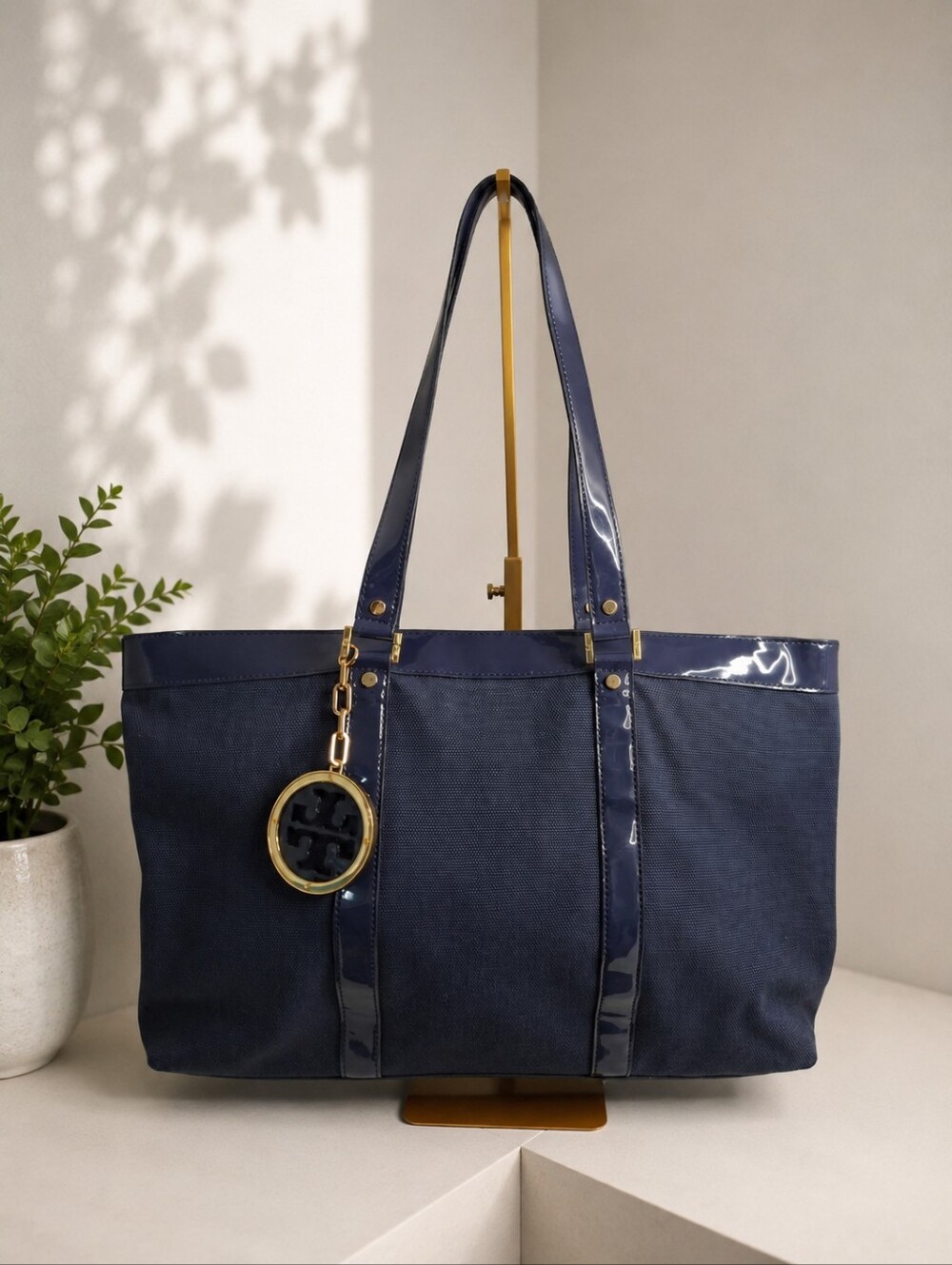 Tory Burch Navy Canvas Patent Leather Large Tote Bag EUC